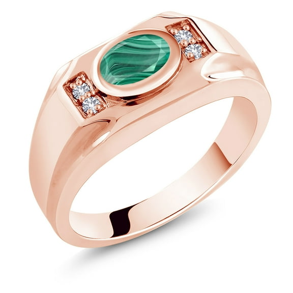 Gem Stone King Men's 18K Rose Gold Plated Silver Green Malachite and White Created Sapphire Ring (2.16 Cttw, Gemstone Birthstone, Oval 8X6MM,, Size 7)