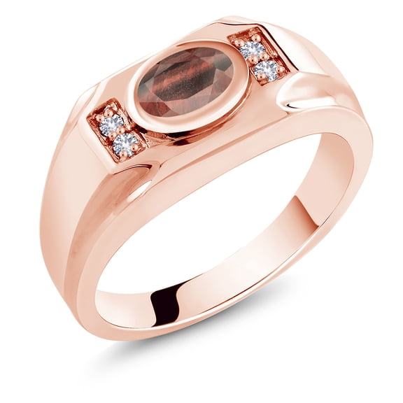 Gem Stone King Men's 18K Rose Gold Plated Silver Red Tiger Eye and White Created Sapphire Ring (1.41 Cttw, Gemstone Birthstone, Oval 8X6MM,, Size 7)