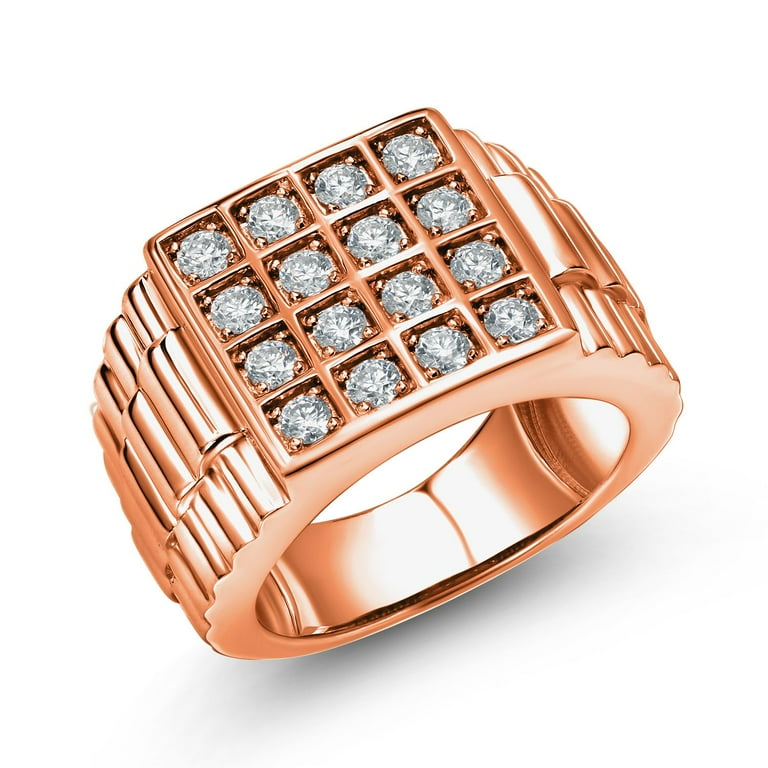 Gem Stone King Men s 18K Rose Gold Plated Silver White Round Moissanite Watch Cuban Rolex Style Square Cut Band Ring 1.04 Cttw Available in Size 7 8 9 10 11 12 13 Walmart