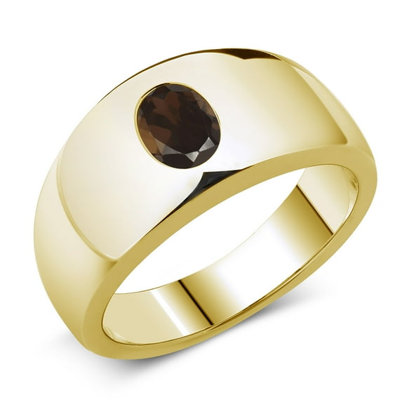 Gem Stone King Men's 18K Yellow Gold Plated Silver Brown Smoky Quartz Ring | 1.20 Cttw | Oval 8X6MM | Gemstone | Size 11