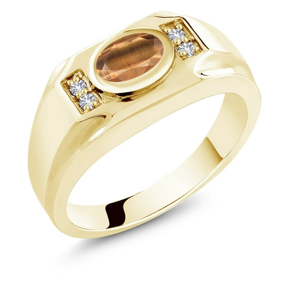 Gem Stone King Men's 18K Yellow Gold Plated Silver Brown Tiger Eye and White Created Sapphire Ring (1.41 Cttw, Gemstone Birthstone, Oval 8X6MM,, Size 10)