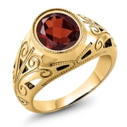 Gem Stone King Mens 18K Yellow Gold Plated Silver Oval Red Garnet Ring 5.50 Cttw, Gemstone Birthstone, Available in Size 7,8,9,10,11,12,13