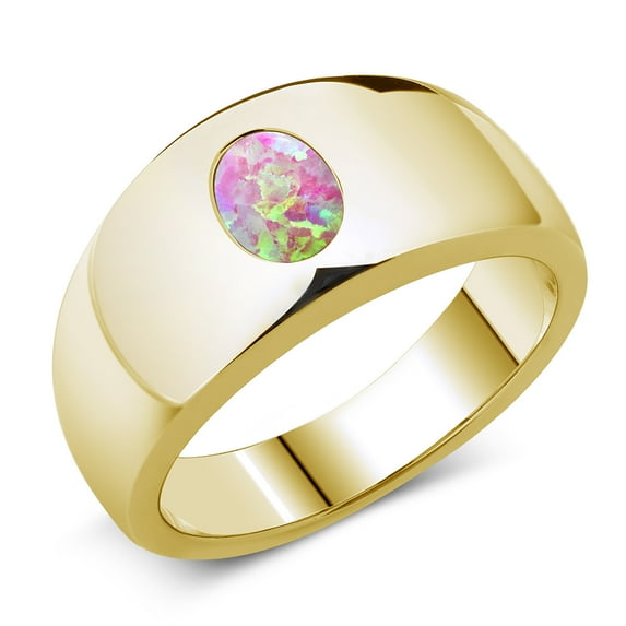 Gem Stone King Men's 18K Yellow Gold Plated Silver Pink Simulated Opal Ring | 1.05 Cttw | Oval Cabochon 8X6MM | Gemstone October Birthstone | Size 8