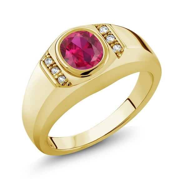 Gem Stone King Men's 18K Yellow Gold Plated Silver Red Created Ruby and White Created Sapphire Ring for Men | 1.56 Cttw | Available in Size 9, 10, 11, 12, 13