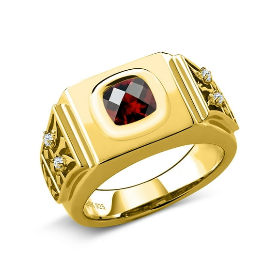 Gem Stone King Men's 18K Yellow Gold Plated Silver Red Garnet Ring for Men | 2.46 Cttw | Gemstone Birthstone (Size 10)
