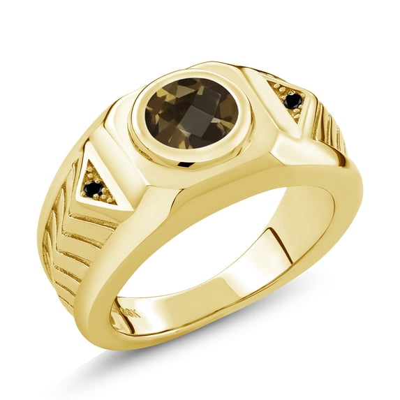 Gem Stone King Men's 18K Yellow Gold Plated Silver Smoky Quartz and Black Diamond Ring (1.83 Cttw, Gemstone Birthstone, Available in Size 7, 8, 9, 10, 11, 12, 13)