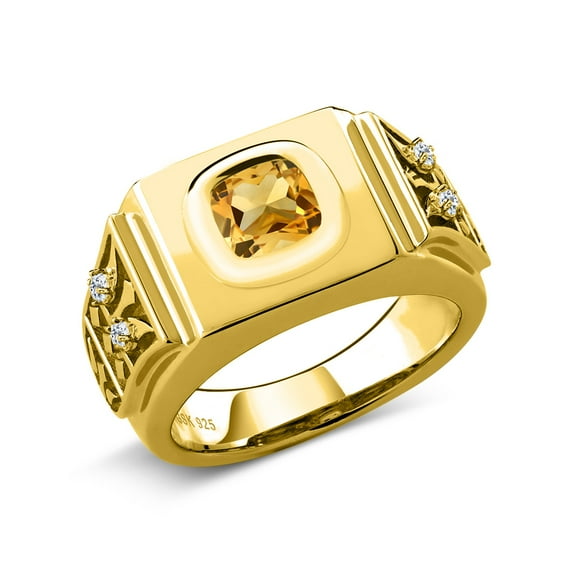 Gem Stone King Men's 18K Yellow Gold Plated Silver Yellow Citrine and White Topaz Ring (3.04 Cttw, Gemstone Birthstone, Size 8)