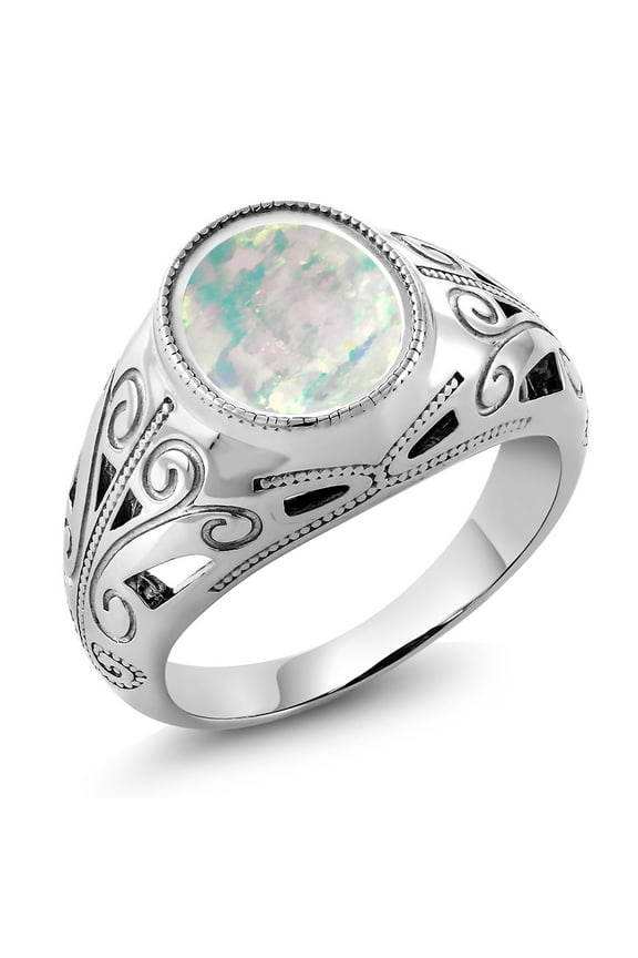 Men's 4.00 Cttw White Simulated Opal Ring for Men | 925 Sterling Silver | Oval 12X10MM | Available 7,8,9,10,11,12,13