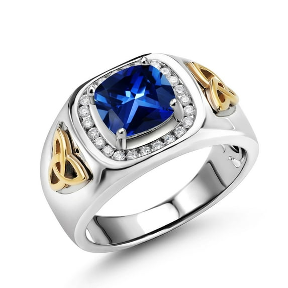 Gem Stone King Men's 925 Silver and 10K Yellow Gold Blue Created Sapphire and White Lab Grown Diamond Ring (2.76 Cttw) | Size 11