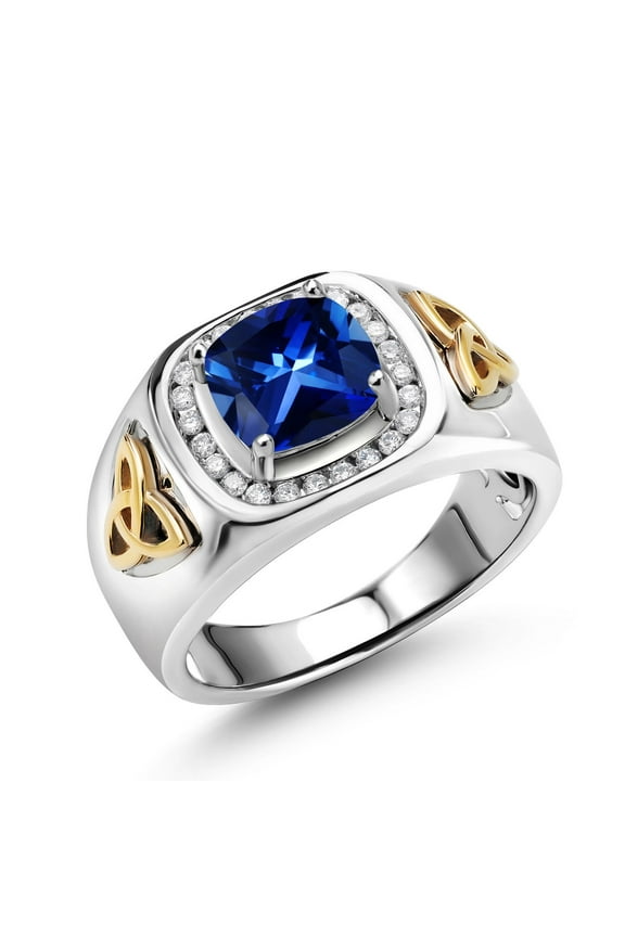 Men's 925 Silver and 10K Yellow Gold Blue Created Sapphire and White Lab Grown Diamond Ring (2.76 Cttw) | Size 13