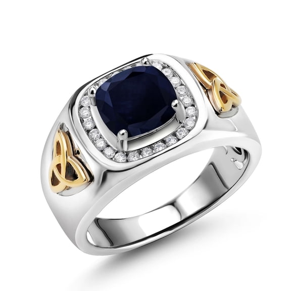 Gem Stone King Men's 925 Silver and 10K Yellow Gold Blue Sapphire and White Lab Grown Diamond Ring (3.08 Cttw, Gemstone Birthstone) | Size 13