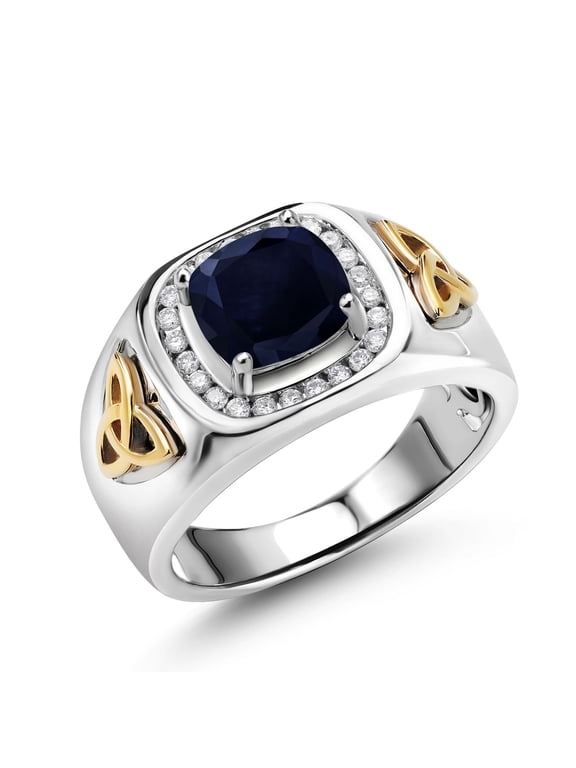 Men's 925 Silver and 10K Yellow Gold Blue Sapphire and White Lab Grown Diamond Ring (3.08 Cttw, Gemstone Birthstone) | Size 7