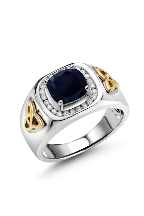 Men's 925 Silver and 10K Yellow Gold Blue Sapphire and White Lab Grown Diamond Ring (3.08 Cttw, Gemstone Birthstone) | Size 12