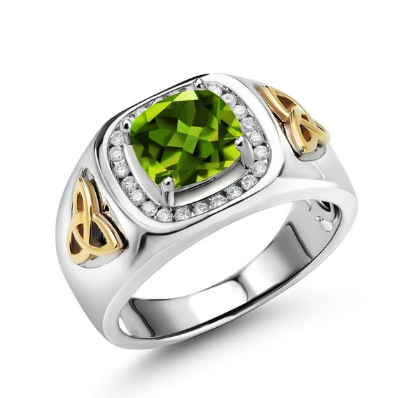 Gem Stone King Men's 925 Silver and 10K Yellow Gold Green Peridot and White Lab Grown Diamond Ring (2.71 Cttw, Gemstone Birthstone) | Size 9