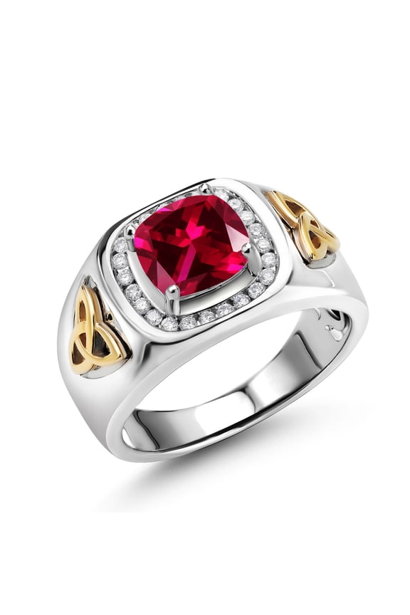Men's 925 Silver and 10K Yellow Gold Red Created Ruby and White Lab Grown Diamond Ring (2.76 Cttw) | Size 9