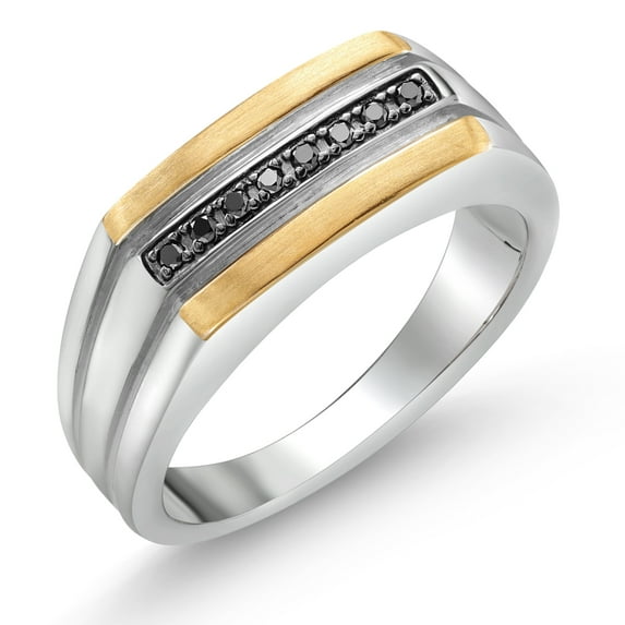 Gem Stone King Black Diamond Ring for Men | 925 Sterling Silver and 10K Yellow Gold | 0.10 Cttw | Top Width 8.5MM | Size 8