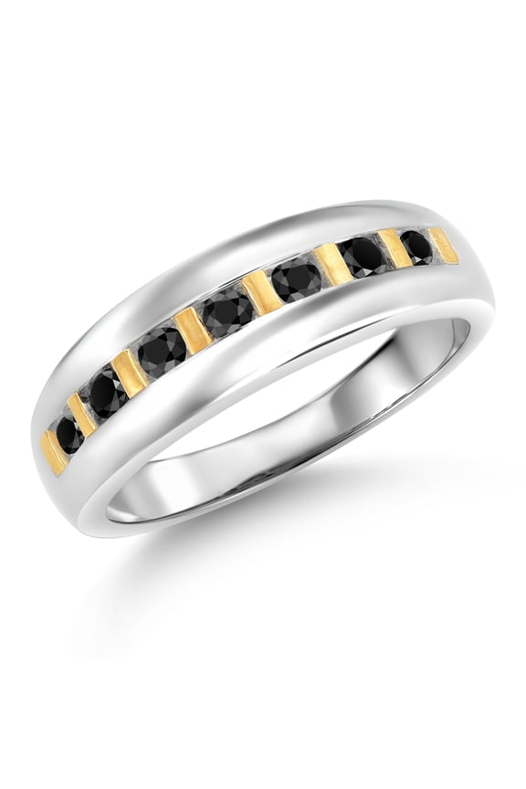 Black Diamond Wedding Band Ring for Men | 925 Sterling Silver and 10K Yellow Gold | 0.46 Cttw | Round 2.5MM | Size 10