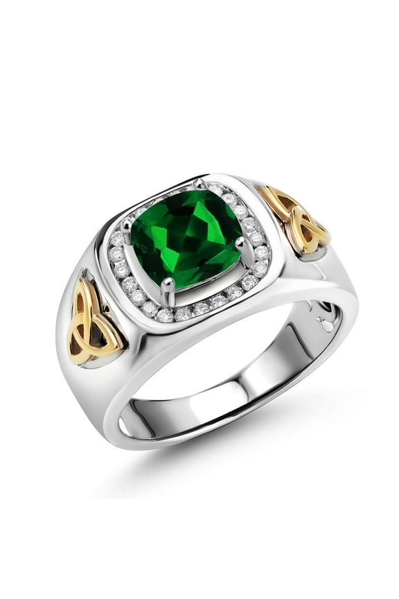 Men's 925 Sterling Silver and 10K Yellow Gold Green Nano Emerald and White Lab Grown Diamond Ring (2.76 Cttw) | Size 11