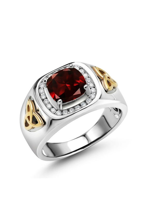 Men's 925 Sterling Silver and 10K Yellow Gold Red Garnet and White Lab Grown Diamond Ring (2.86 Cttw, Gemstone Birthstone) | Size 9