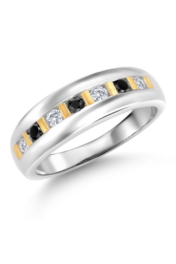 White Lab Grown Diamond and Black Diamond Wedding Band Ring for Men | 925 Sterling Silver and 10K Yellow Gold | 0.46 Cttw | Round 2.5MM | Size 13