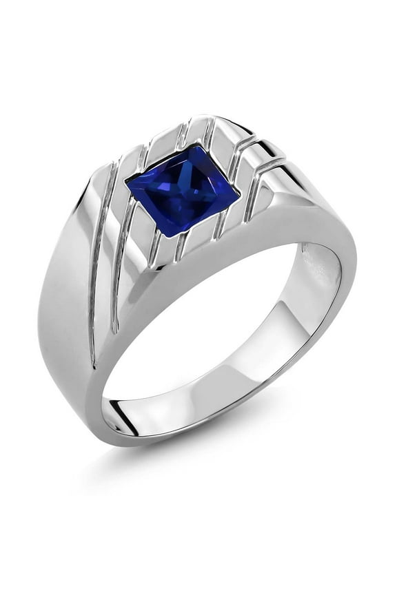Men's 925 Sterling Silver Blue Created Sapphire Ring for Men | 1.91 Cttw | Princess 7MM (Size 13)