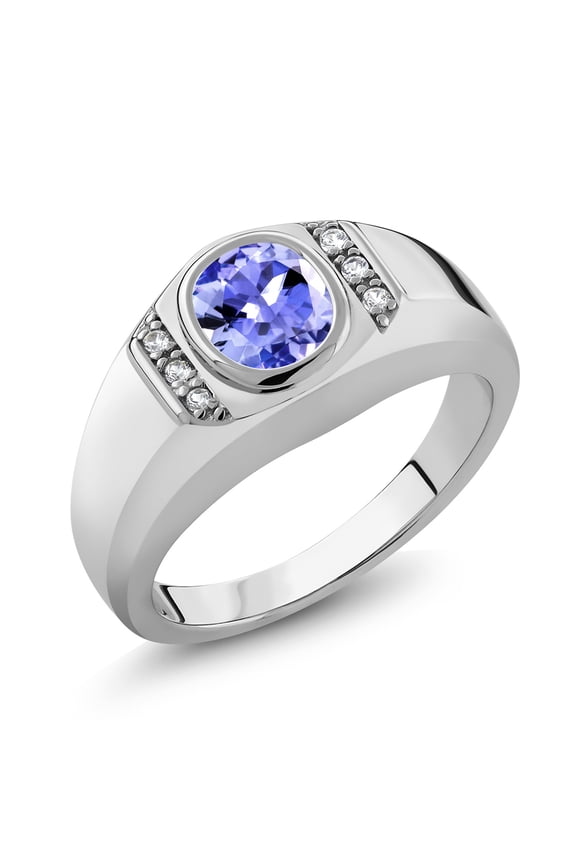 Men's 925 Sterling Silver Blue Tanzanite and White Created Sapphire Ring (1.22 Cttw, Oval 8X6MM, Gemstone Birthstone, Available in Size 7, 8, 9, 10, 11, 12, 13)