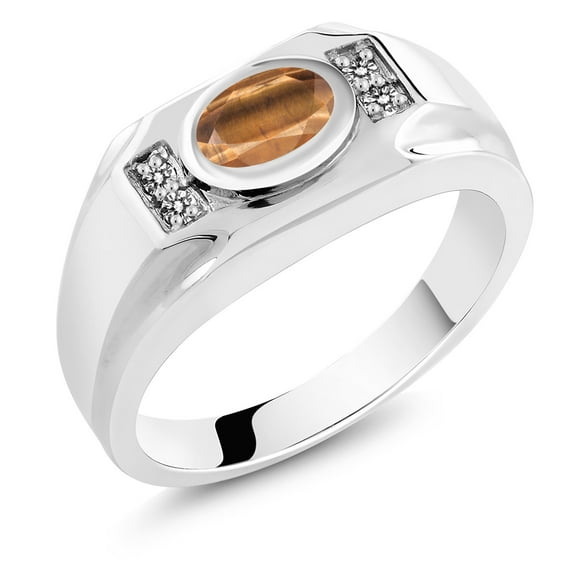 Gem Stone King Men's 925 Sterling Silver Brown Tiger Eye and White Diamond Ring (1.38 Cttw, Gemstone Birthstone, Oval 8X6MM,, Size 11)