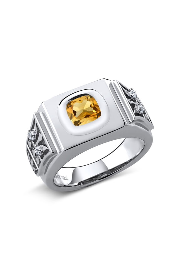 3.04 Cttw Cushion Yellow Citrine and White Topaz Ring for Men | 925 Sterling Silver | Gemstone Birthstone | Available in Size 7, 8, 9, 10, 11, 12, 13 | Size 9