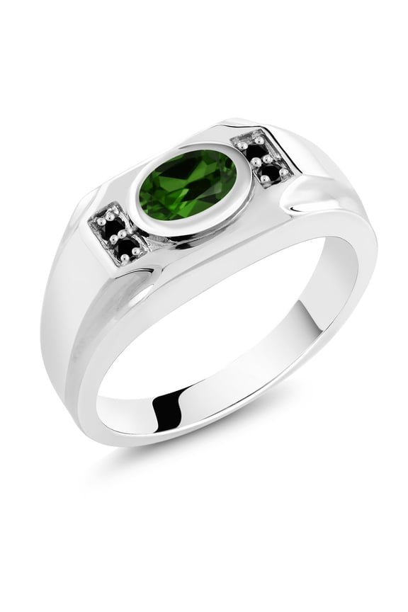 Men's 925 Sterling Silver Green Chrome Diopside and Black Diamond Ring (1.33 Cttw, Gemstone Birthstone, Oval 8X6MM,, Size 11)