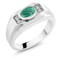 Gem Stone King Men's 925 Sterling Silver Green Malachite and White Created Sapphire Ring (2.16 Cttw, Gemstone Birthstone, Oval 8X6MM,, Size 12)