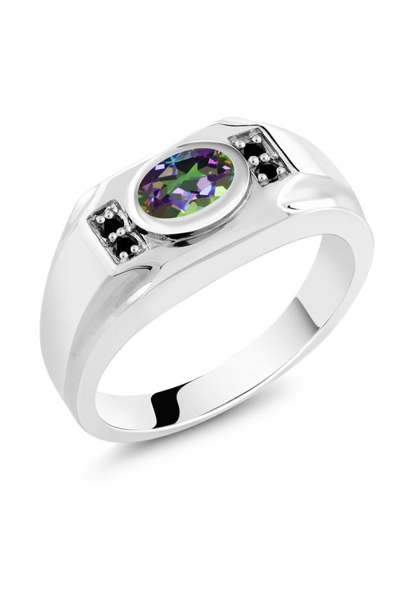 Men's 925 Sterling Silver Green Mystic Topaz and Black Diamond Ring (1.73 Cttw, Gemstone Birthstone, Oval 8X6MM,, Size 11)