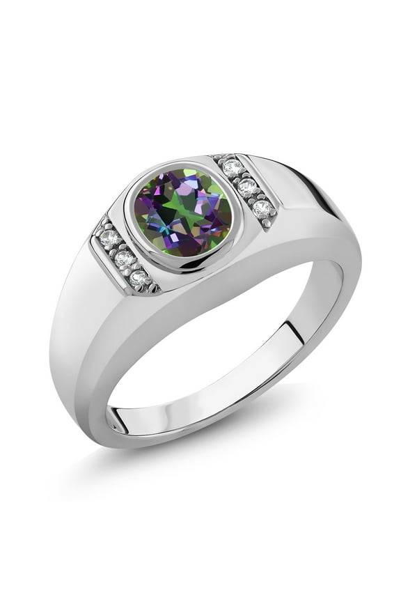 Men's 925 Sterling Silver Green Mystic Topaz and White Created Sapphire Ring (1.36 Cttw, Available in Size 7, 8, 9, 10, 11, 12, 13)