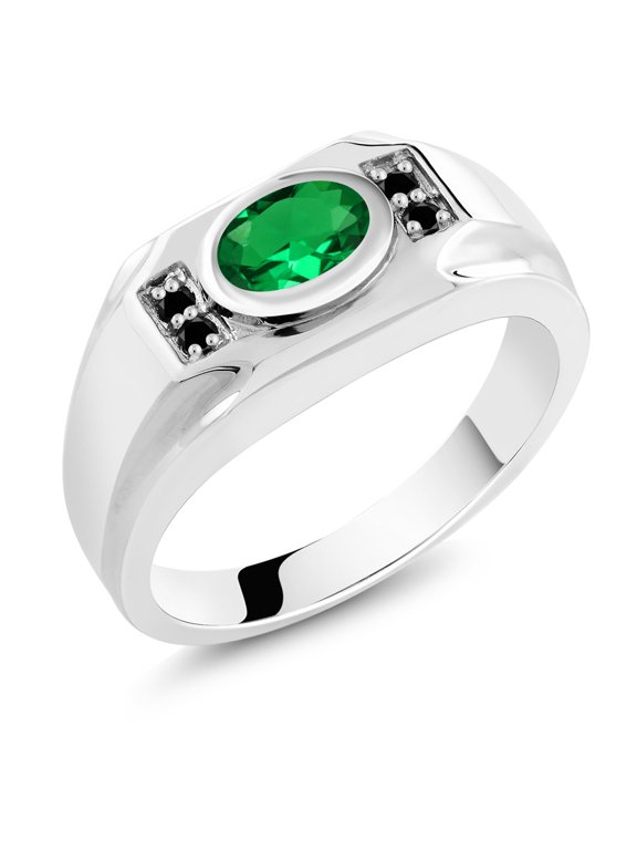 1.28 Cttw Green Nano Emerald and Black Diamond Ring for Men | 925 Sterling Silver | Gemstone May Birthstone | Oval 8X6MM | Available in Size 7, 8, 9, 10, 11, 12, 13