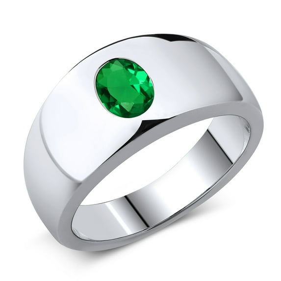 Gem Stone King Men's 925 Sterling Silver Green Nano Emerald Ring | 0.75 Cttw | Oval 8X6MM | Size 10