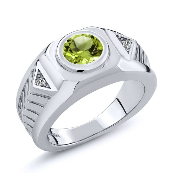 Gem Stone King Men's 925 Sterling Silver Green Peridot and White Diamond Ring (1.95 Ct Round 8MM, Available in Size 7, 8, 9, 10, 11, 12, 13)