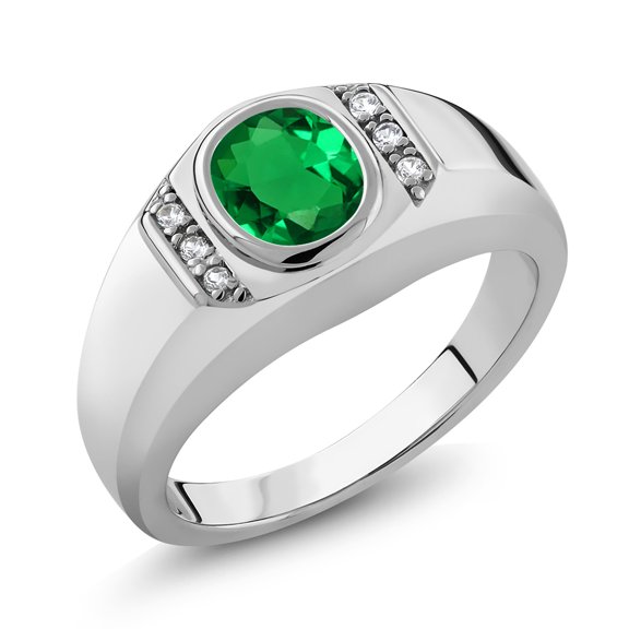 Gem Stone King Men's 925 Sterling Silver Green Simulated Emerald and White Created Sapphire Ring (1.06 Cttw, Available in Size 7, 8, 9, 10, 11, 12, 13)