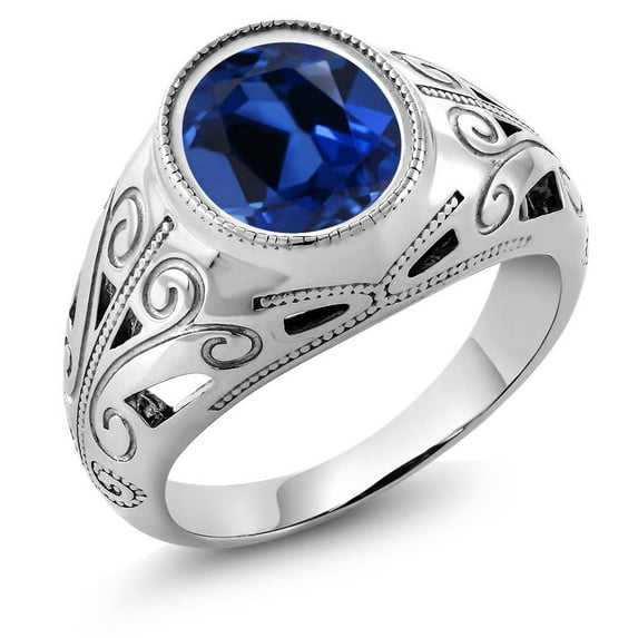 Gem Stone King Men's 925 Sterling Silver Oval Blue Created Sapphire Ring | 6.13 Cttw | Oval 12X10MM | Available 7,8,9,10,11,12,13