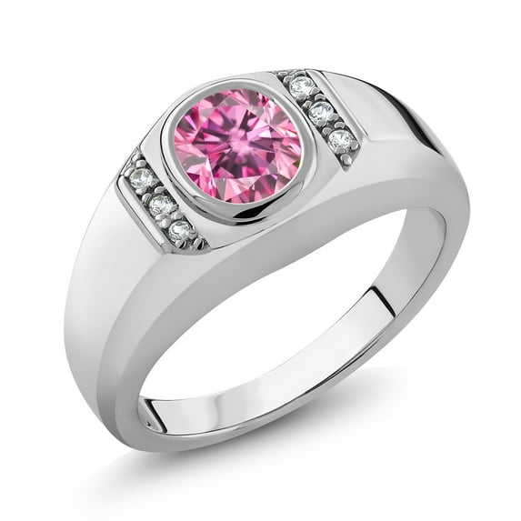 Gem Stone King Men's 925 Sterling Silver Oval Pink Moissanite and White Created Sapphire Ring (1.44 Cttw, Available in Size 7, 8, 9, 10, 11, 12, 13)