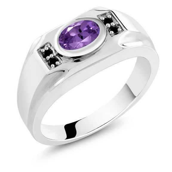 Gem Stone King Men's 925 Sterling Silver Purple Amethyst and Black Diamond Ring for Men | 1.23 Cttw | Gemstone February Birthstone | Oval 8X6MM | Size 7
