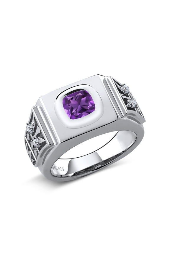 Men's 925 Sterling Silver Purple Amethyst Ring for Men | 2.09 Cttw | Gemstone Birthstone | Cushion 8MM | Size 9