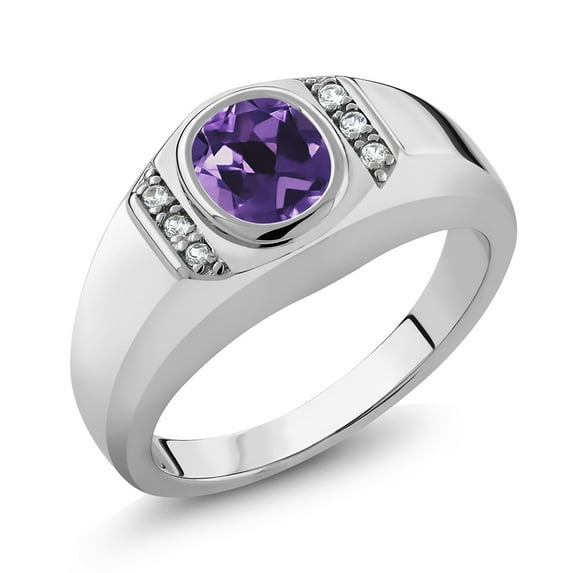 Gem Stone King Men's 925 Sterling Silver Purple Amethyst and White Created Sapphire Ring (1.06 Cttw, Oval 8X6MM, Gemstone Birthstone, Available in Size 7, 8, 9, 10, 11, 12, 13)