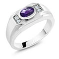 thumbnail image 1 of Gem Stone King Men's 925 Sterling Silver Purple Amethyst and White Created Sapphire Ring (1.16 Cttw, Gemstone February Birthstone, Oval Checkerboard 8X6MM,, Size 11), 1 of 3