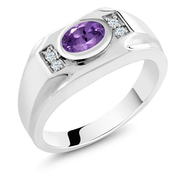 Gem Stone King Men's 925 Sterling Silver Purple Amethyst and White Created Sapphire Ring (1.26 Cttw, Gemstone February Birthstone, Oval 8X6MM,, Size 8)