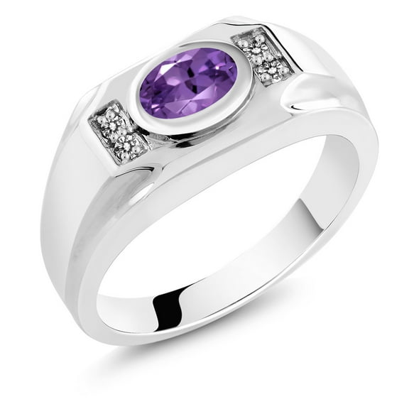 Gem Stone King Men's 925 Sterling Silver Purple Amethyst and White Diamond Ring (1.23 Cttw, Gemstone February Birthstone, Oval 8X6MM,, Size 12)