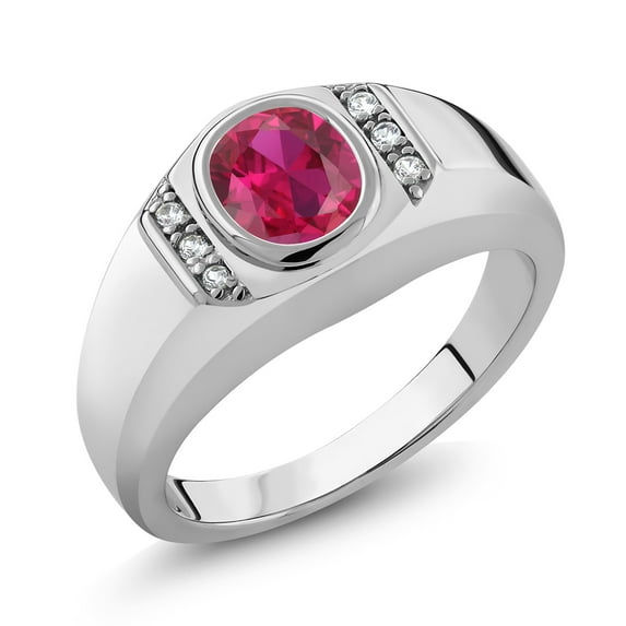 Gem Stone King Men's 925 Sterling Silver Red Created Ruby and White Created Sapphire Ring for Men | 1.21 Cttw | Oval 8X6MM | Available in Size 7, 8, 9, 10, 11, 12, 13