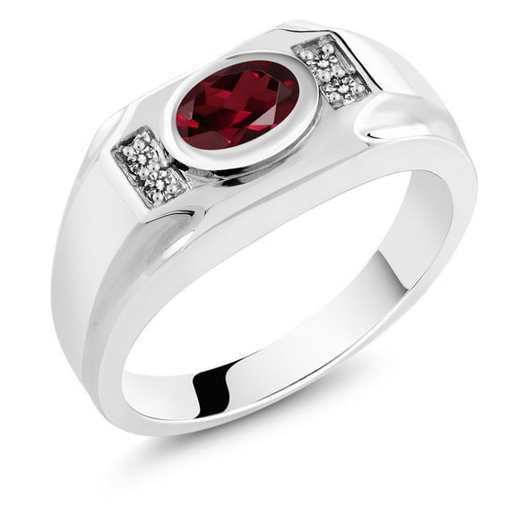 Gem Stone King Men's 925 Sterling Silver Red Rhodolite Garnet and White Diamond Ring (1.53 Cttw, Gemstone January Birthstone, Oval 8X6MM,, Size 12)