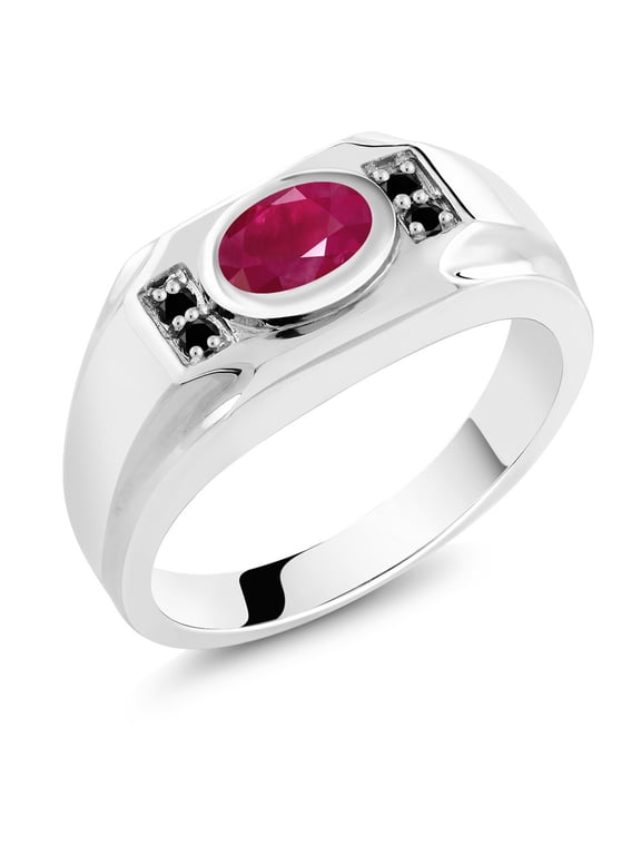 Men's 925 Sterling Silver Red Ruby and Black Diamond Ring 2.02 Cttw, Gemstone July Birthstone, Oval 8X6MM (Size 7)