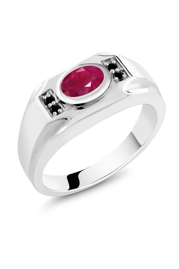 Men's 925 Sterling Silver Red Ruby and Black Diamond Ring 2.02 Cttw, Gemstone July Birthstone, Oval 8X6MM (Size 9)