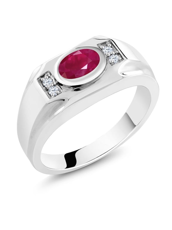 2.05 Cttw 925 Sterling Silver Red Ruby and White Created Sapphire Ring for Men | Gemstone July Birthstone | Oval 8X6MM | Available in Size 7, 8, 9, 10, 11, 12, 13