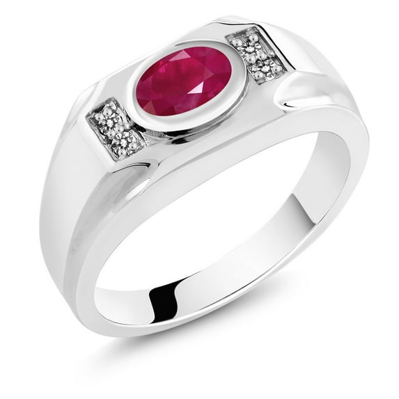 Gem Stone King Men's 925 Sterling Silver Red Ruby and White Diamond Ring (2.02 Cttw, Gemstone July Birthstone, Oval 8X6MM,, Size 9)